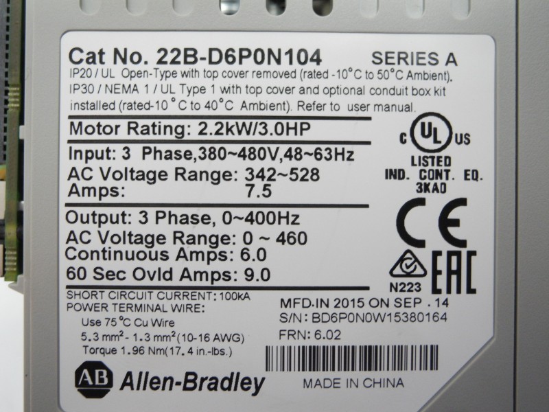 Allen Bradley Frequenzumrichter Cat No. 22B-D6P0N104 2,2kW 4 Allen Bradley Frequenzumrichter Cat,22B-D6P0N104,Allen Bradley,Frequenzumrichter Cat