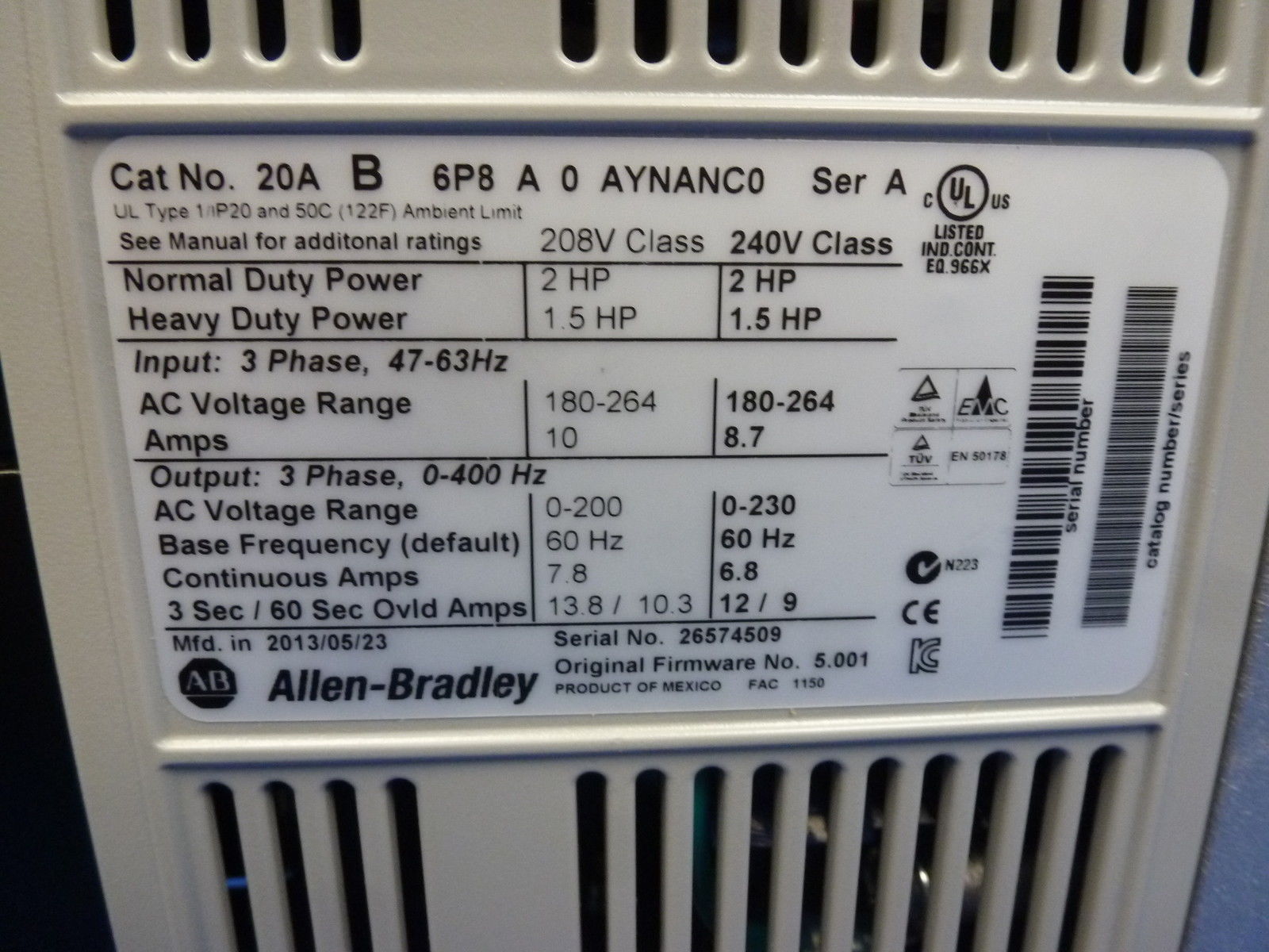 ALLEN BRADLEY POWERFLEX 70 20AB6P8A0AYNANC0 /A 2HP