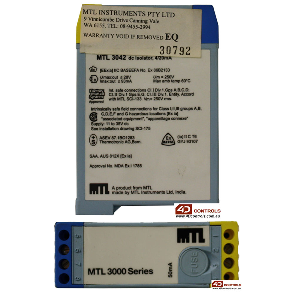 MTL 3042 DC Isolator, 4/20mA. Loop-powered for I/P converter