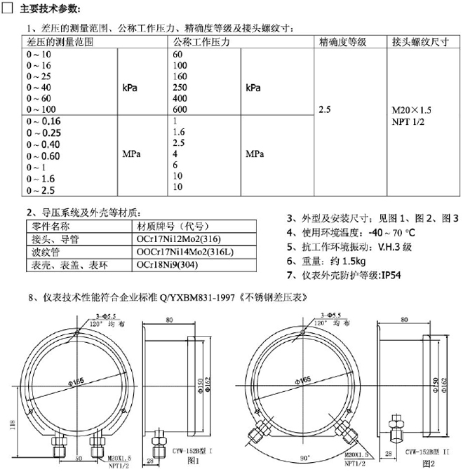 上海自动化仪表四厂  CYW-150B系列不锈钢差压表 不锈钢差压表,差压表,压差表