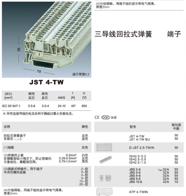 三导线回拉式弹簧端子 JST4-TW 端子厚度6.2mm JST4-TW,三导线回拉式弹簧端子,端子厚度6.2mm